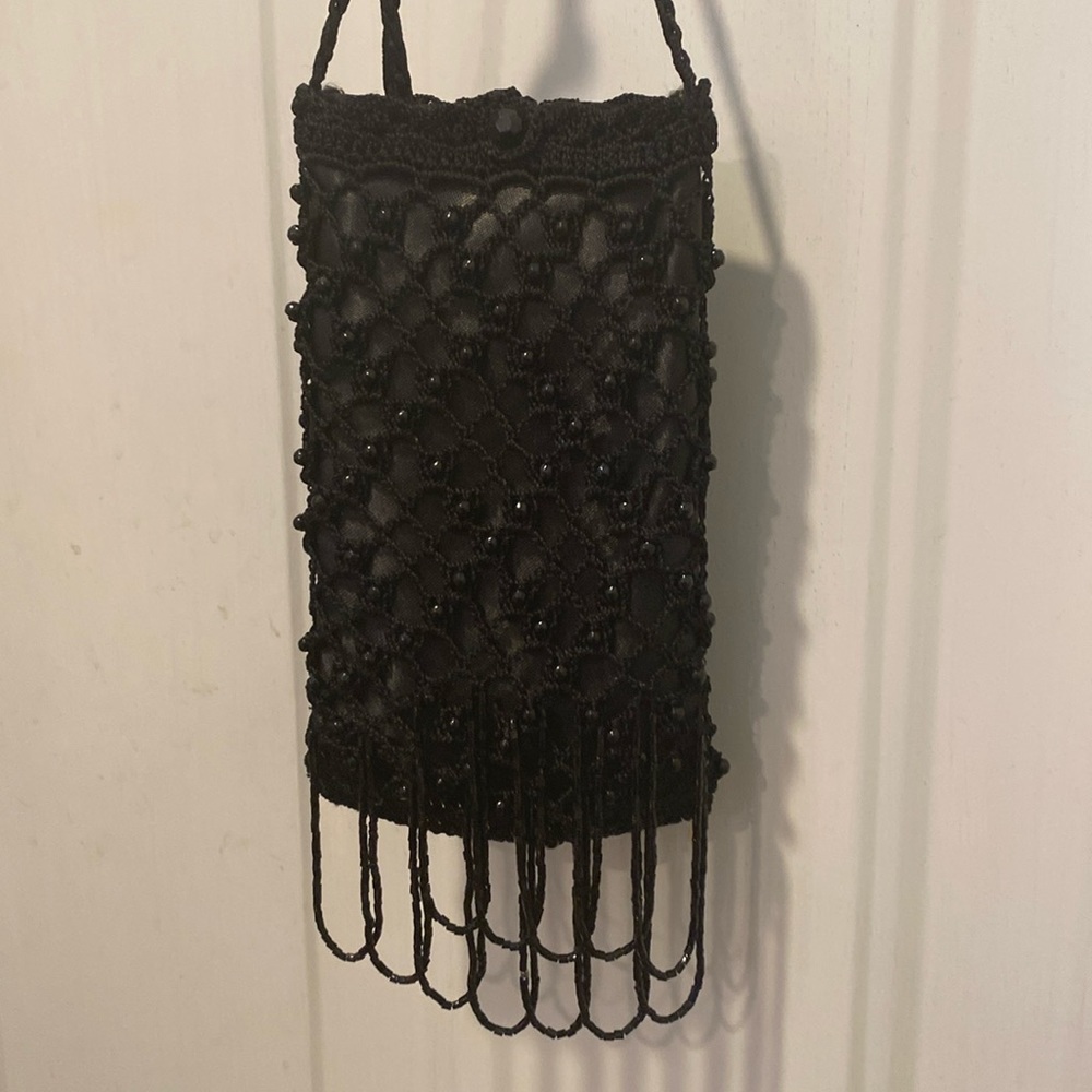Formal Black Satin Beaded Crocheted Clutch Purse Bag